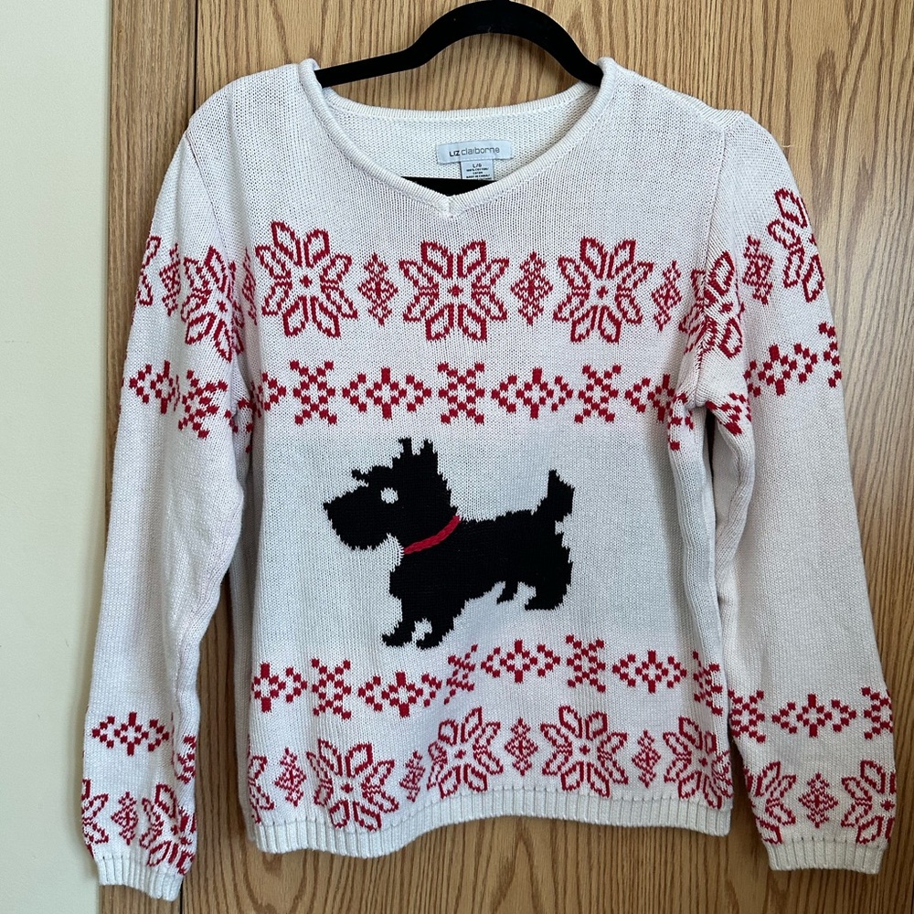 🍉 Liz Claiborne L GUC White and Red Dog Pattern Sweater